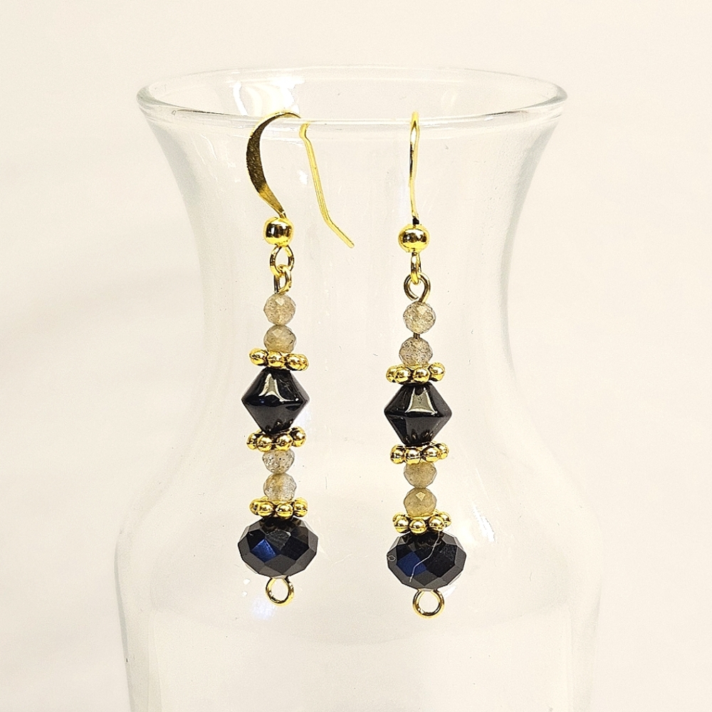 Handmade Labradorite and Black Faceted Glass Beaded Earrings - Picture 2 of 6